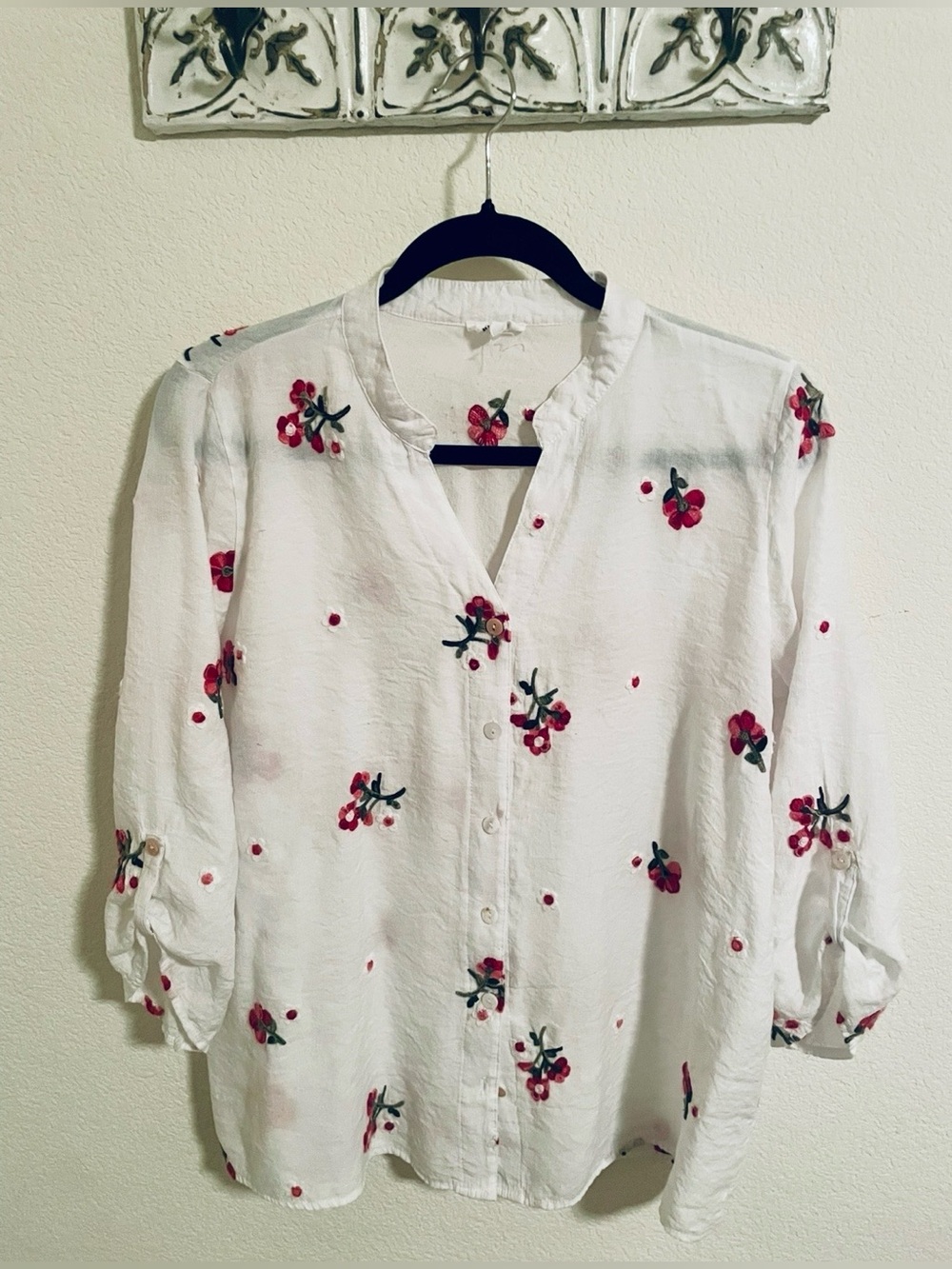 Kindred Anthropologie White Button-Down Shirt Boho Flowy Floral Embroidery 2XL